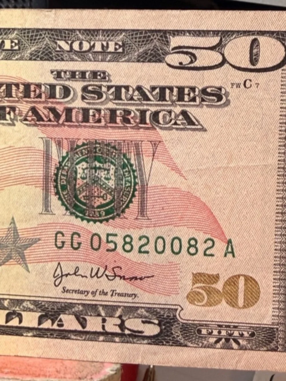 $50 Bill 2004 Slight Tear Low # Gg 05820082 A #206529475118